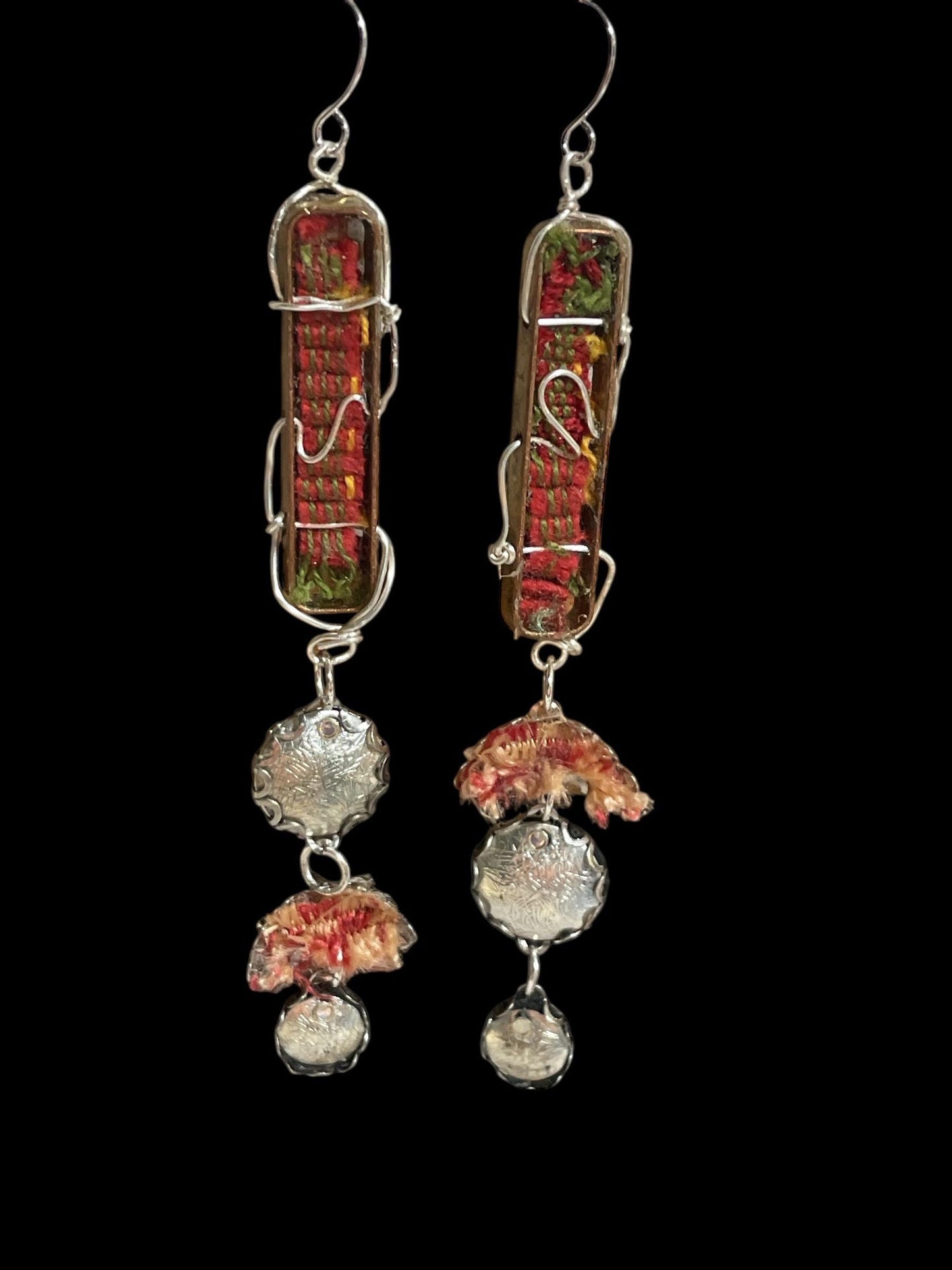 Handmade Textile & Silver Wire Dangle Earrings – Boho Fiber Art Jewelry, Mixed Media Statement Earrings