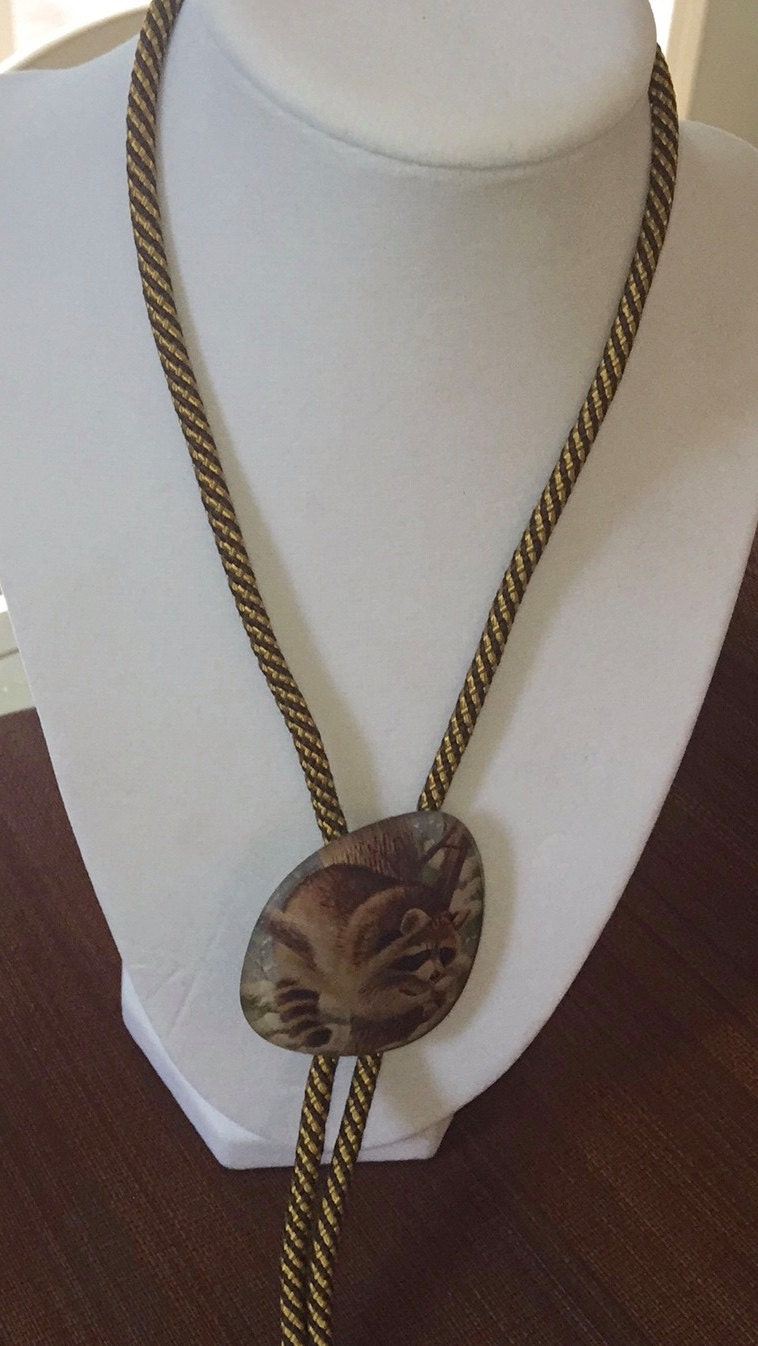 Unique upcycled / repurposed unique eyeglass raccoon vintage artisan bolo necklace