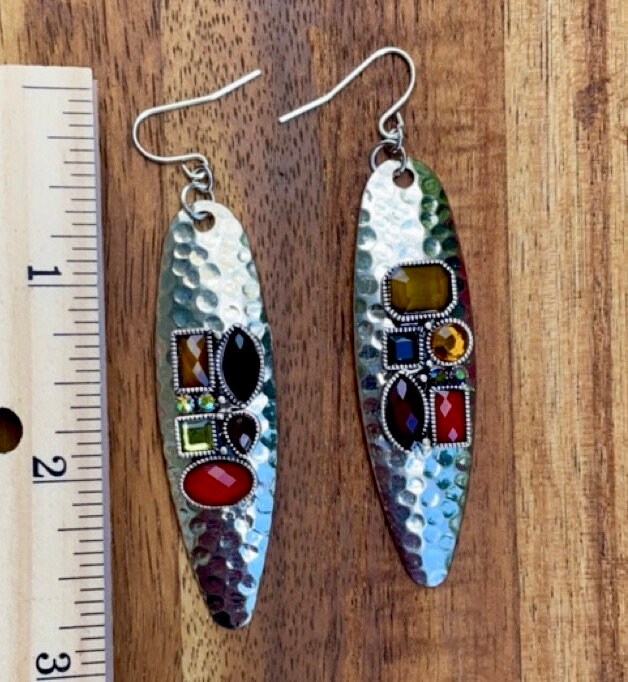 Hammered metal earrings with rhinestone studded mixed media collage