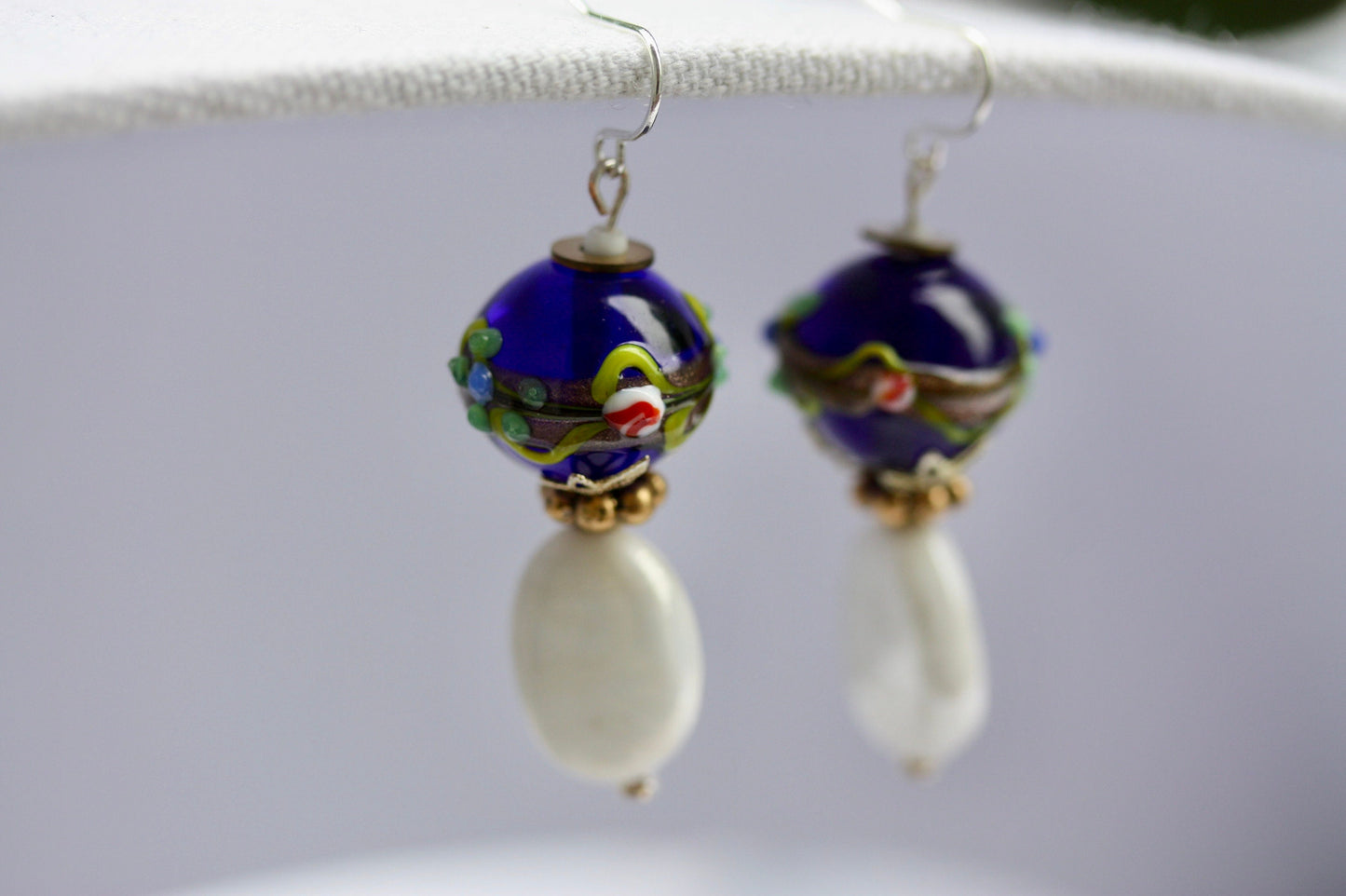 Cobalt blue Birthday cake vintage art glass earrings with white oval vintage glass