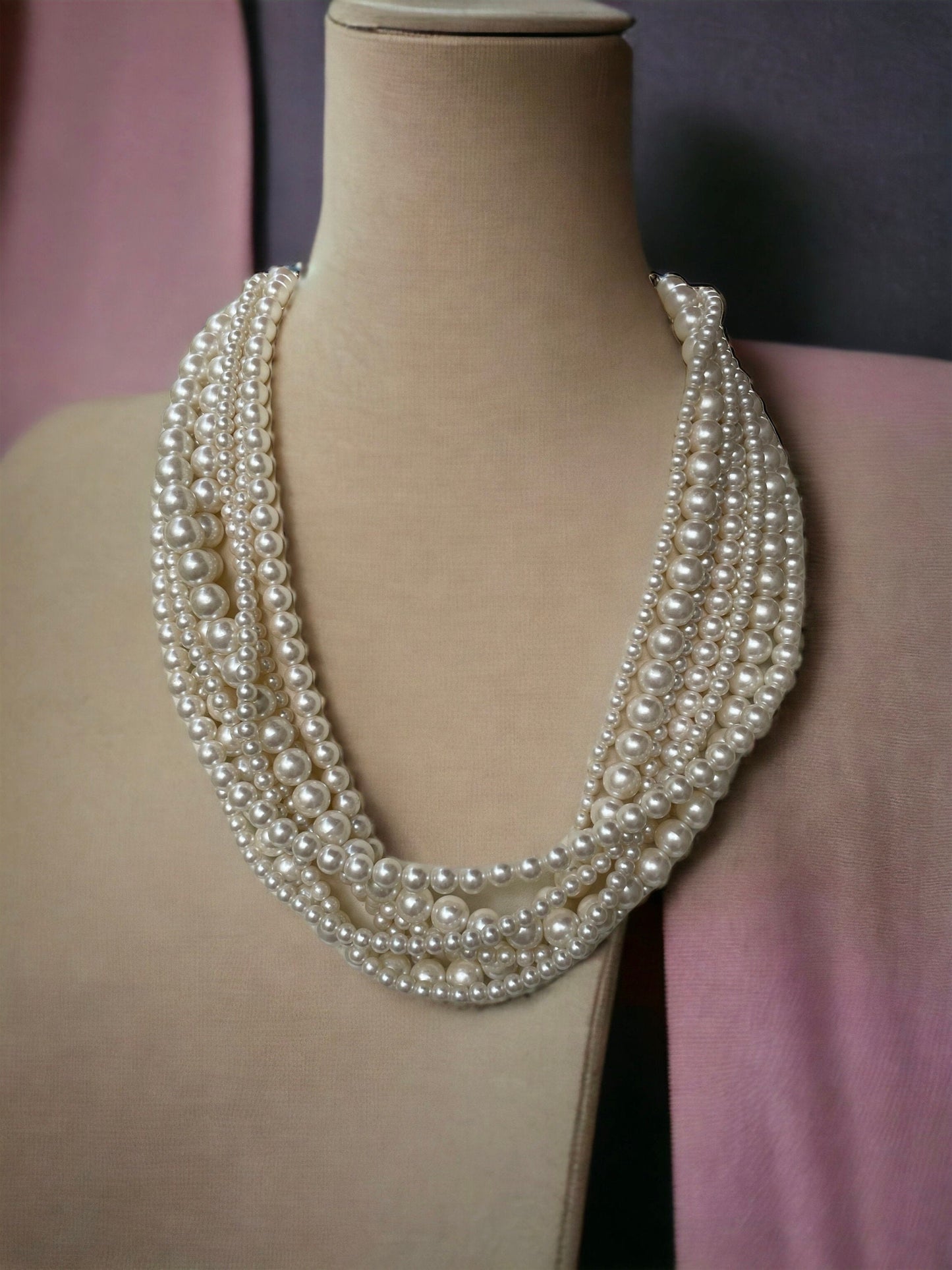 Stunning multi-stranded multi-sized all white faux pearl vintage necklace