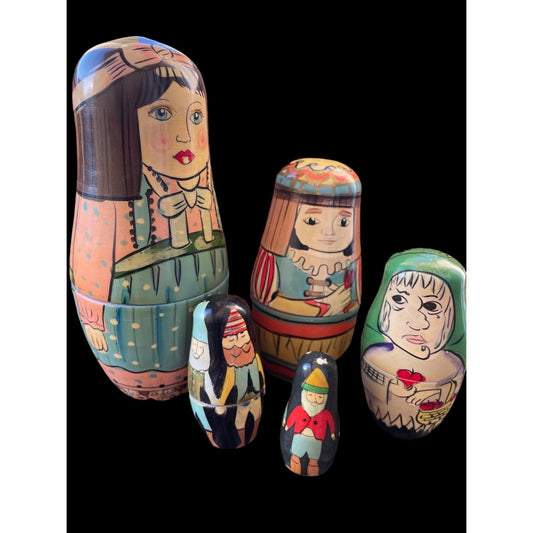 Set of five vintage handmade, hand signed Matryoshka stacking nesting Dolls