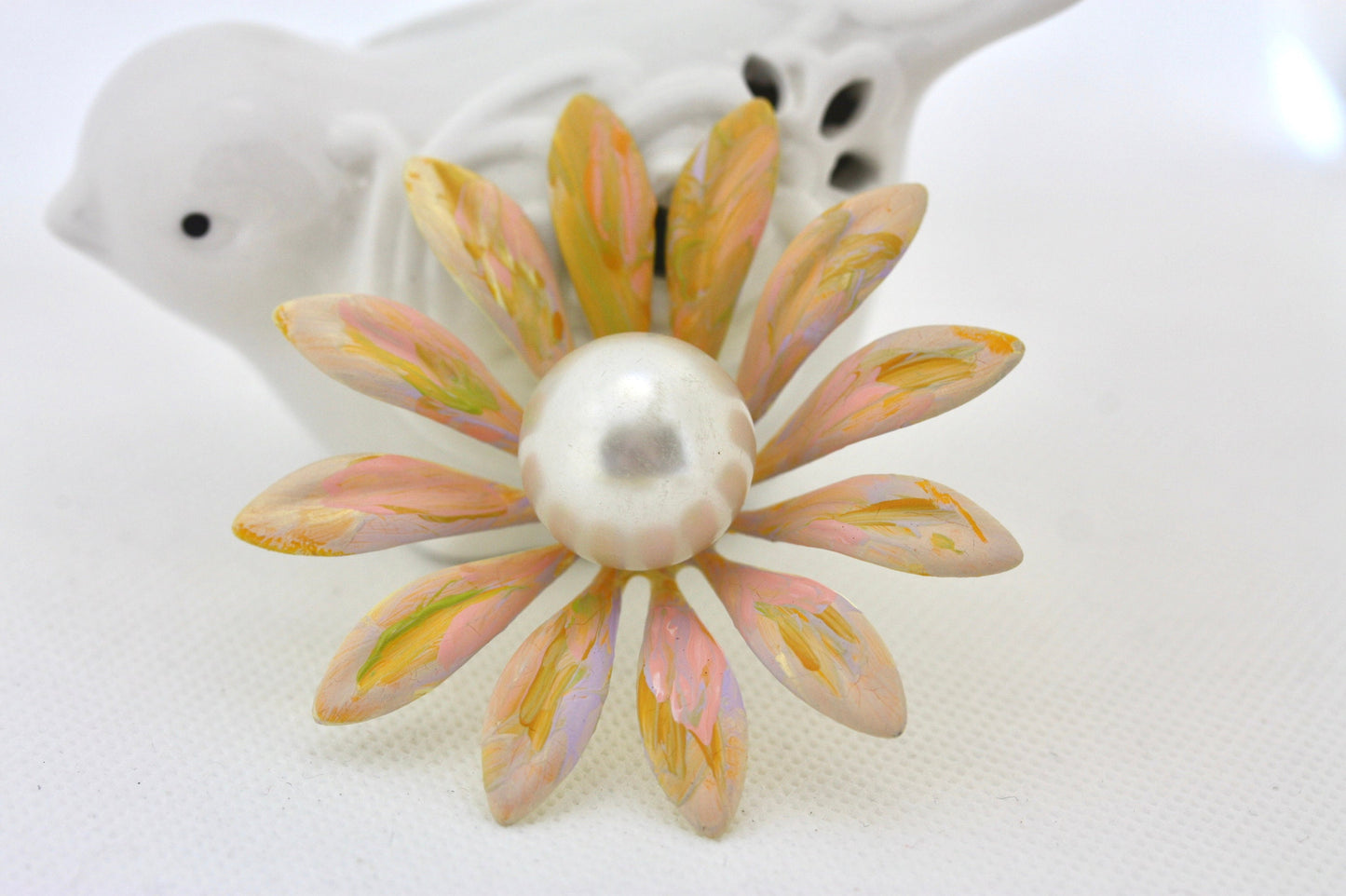 Handpainted vintage metal enamel daisy 3" flower hair clips with large faux pearl centers - or pin