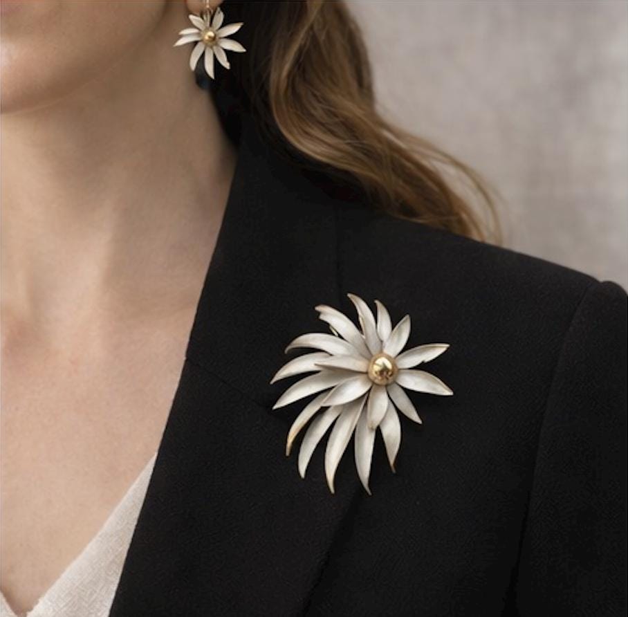 1960s Floral Brooch and Earrings Set, Mid Century Modern Sculptural Flower Jewelry
