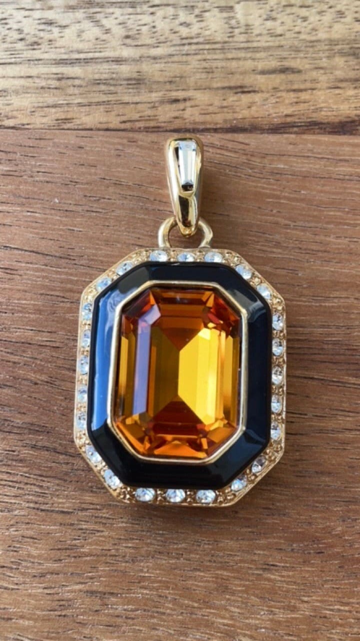 Vintage Runway Couture art deco style Black Enamel & Crystal rare signed Trifari necklace pendant