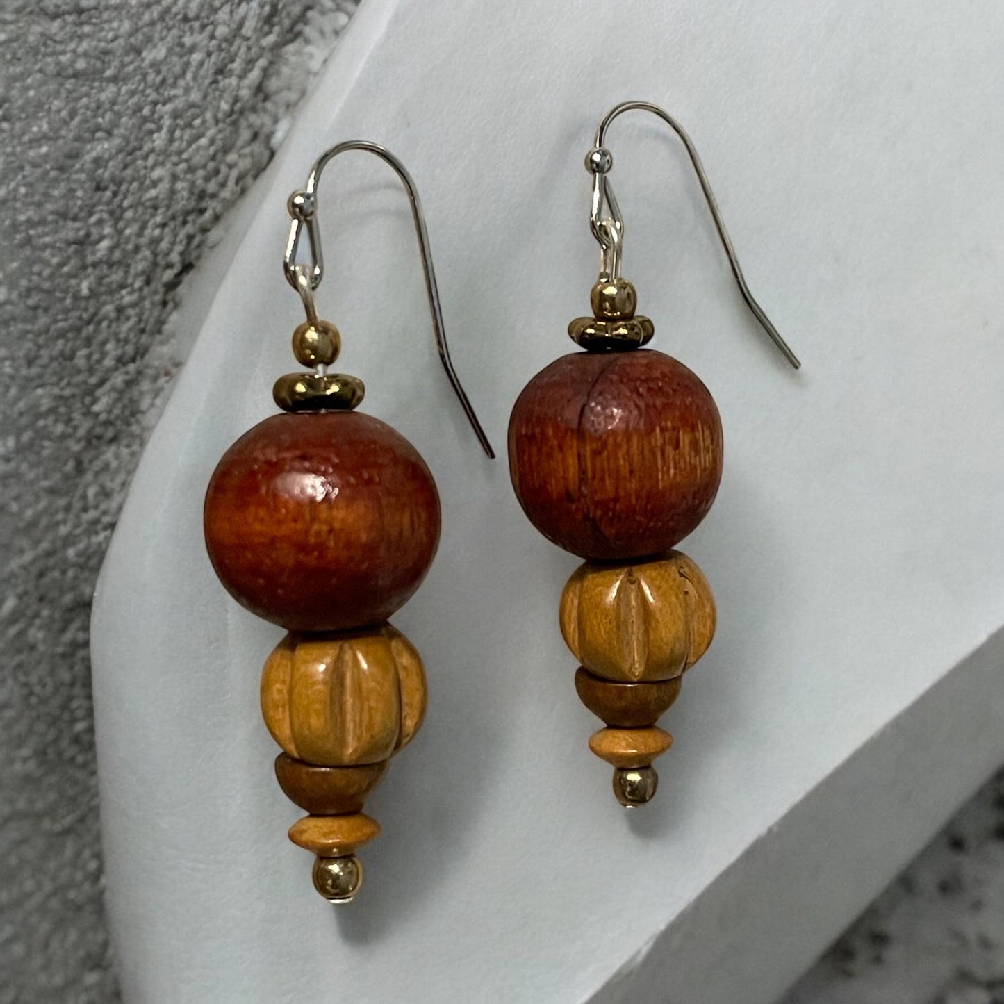 Handmade dangle earrings made with vintage wooden beads