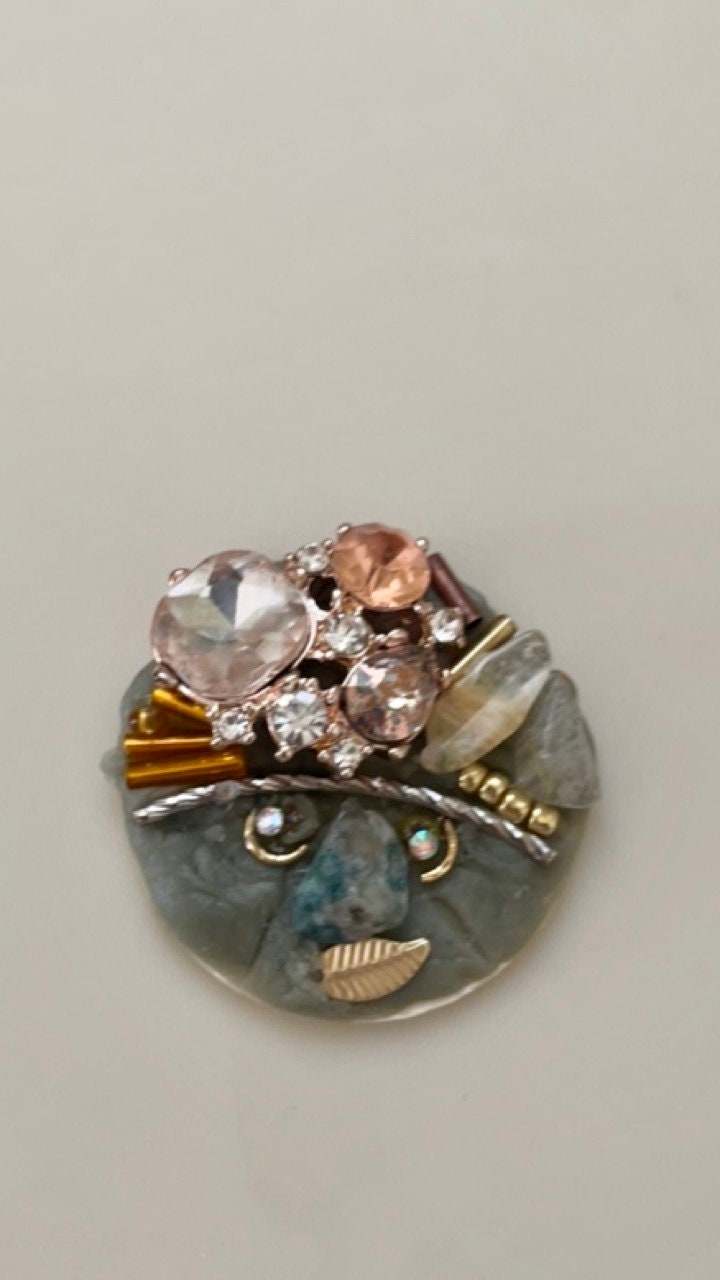 Meet "Jeannette" - Assemblage art / mixed media collage, mosaic - magnet, pin, necklace pendant or Christmas ornament