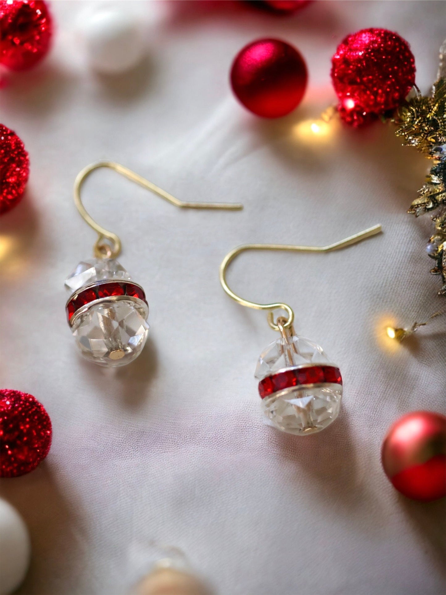 Handmade crystal Christmas ball earrings - made with uniquely domed vintage glass crystal and red rhinestone rondelles