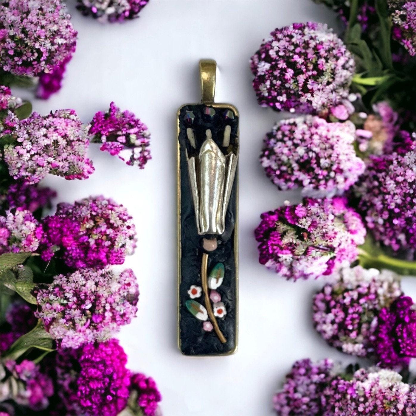 Mosaic Necklace Pendant: Mixed Glass and Metal - Handmade Floral Design