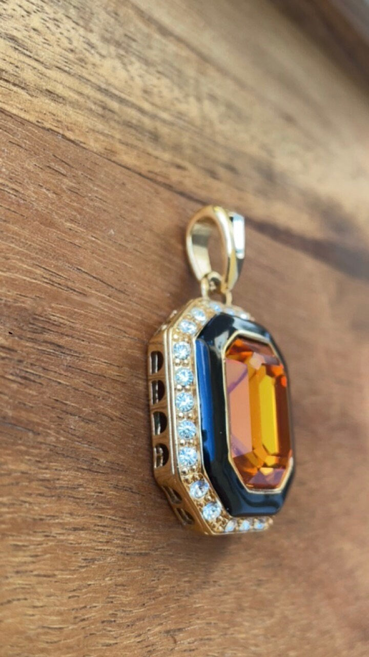 Vintage Runway Couture art deco style Black Enamel & Crystal rare signed Trifari necklace pendant