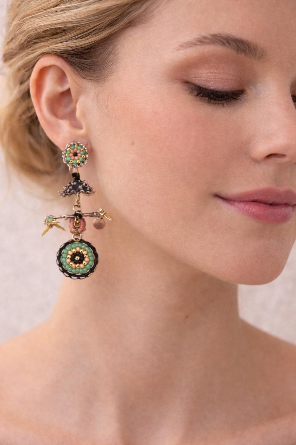 One-of-a-kind Handmade Beaded Earrings - Artisan Statement Earrings - Beadwork, Textile and metal Mixed Media Earrings, Boho Couture Jewelry