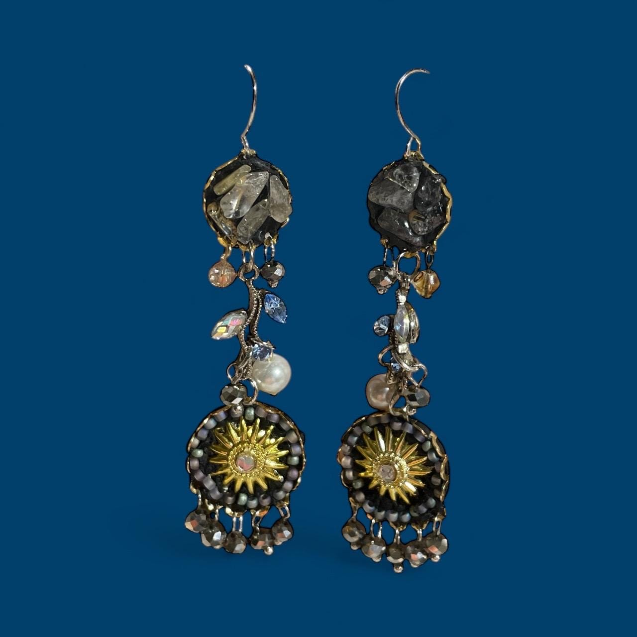 Celestial Sunburst Dangle Earrings – Handmade Boho Statement Jewelry with rutilated quartz,  rhinestones, faux pearls & Beads