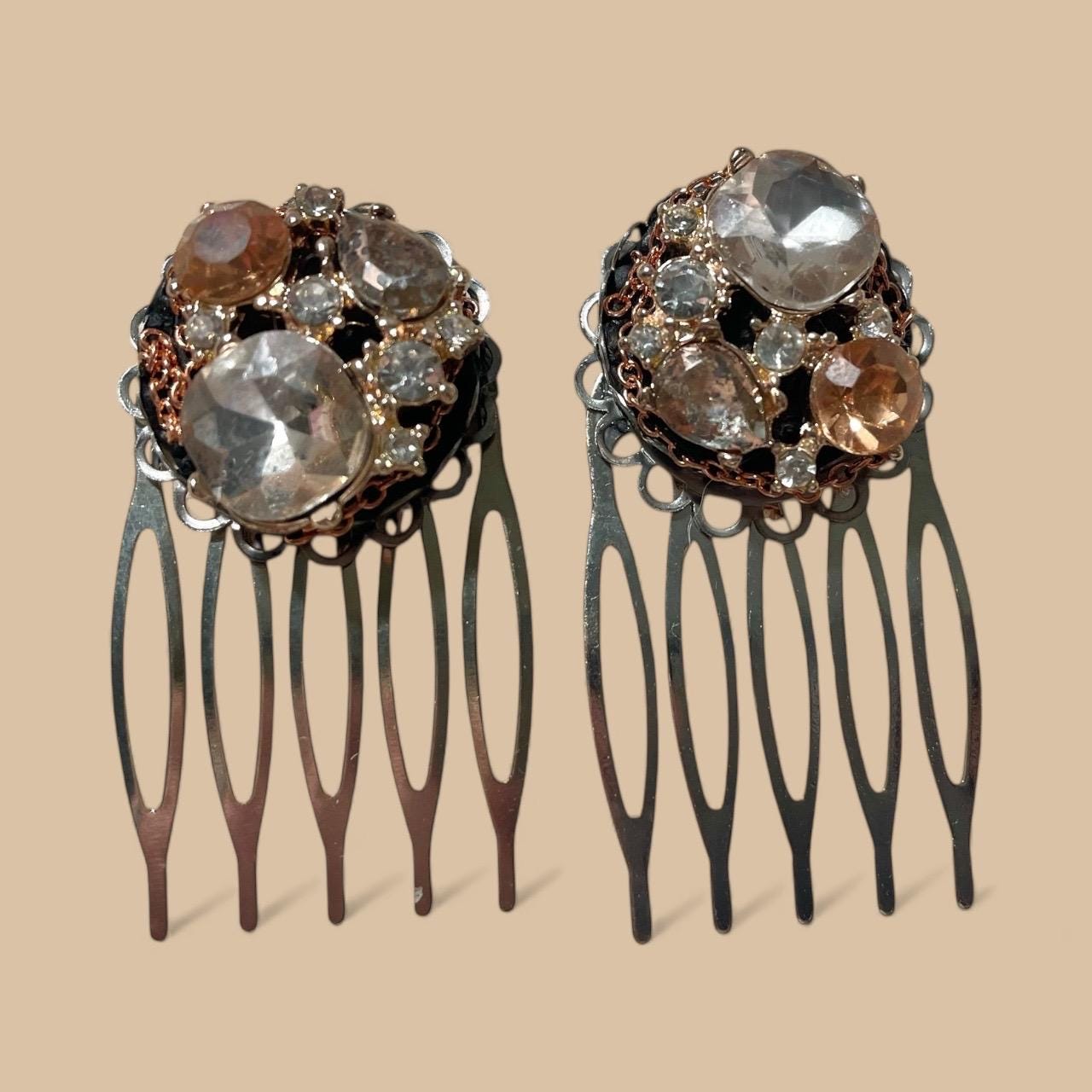 Handmade Jeweled Hair Combs – Vintage-Inspired Champagne and clear rhinestone Hair Accessories, Bridal or Evening Hairpiece (Set of 2)