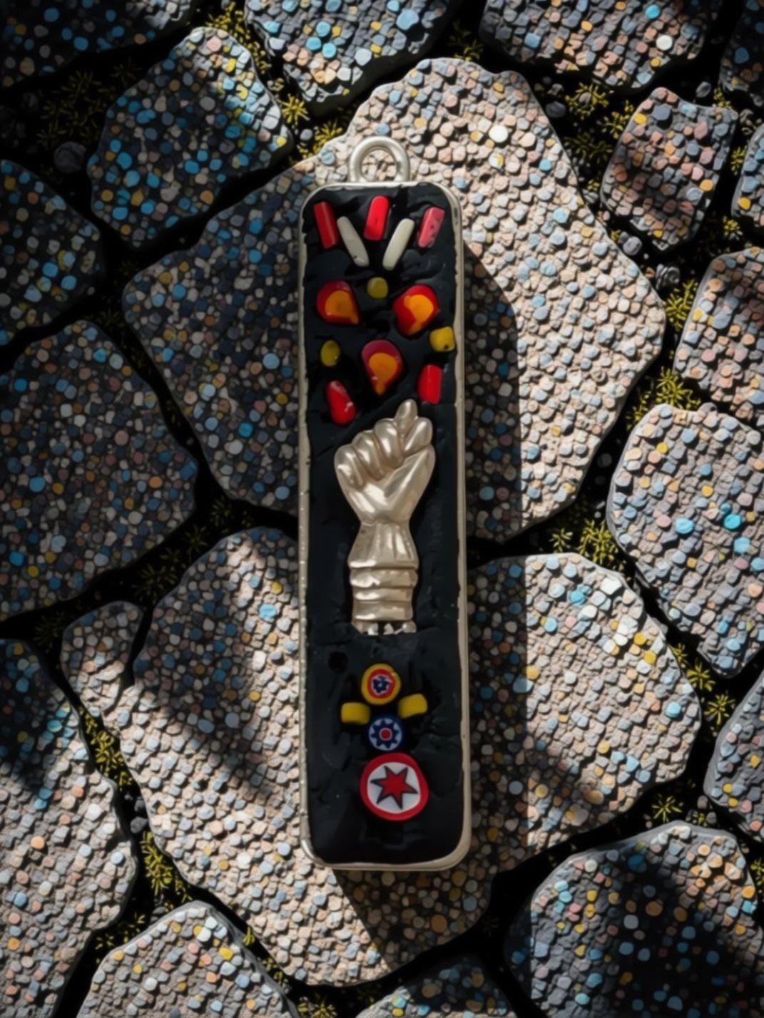a pendant with a raised fist and various colorful objects, such as candy and small figurines, attached to it.