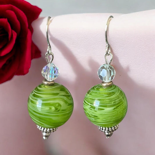 Green swirled fused glass and Swarovski crystal dangle earrings