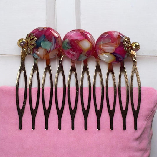 Vintage Confetti Lucite Hair Combs – Colorful Retro Glam with Black Bead Trim