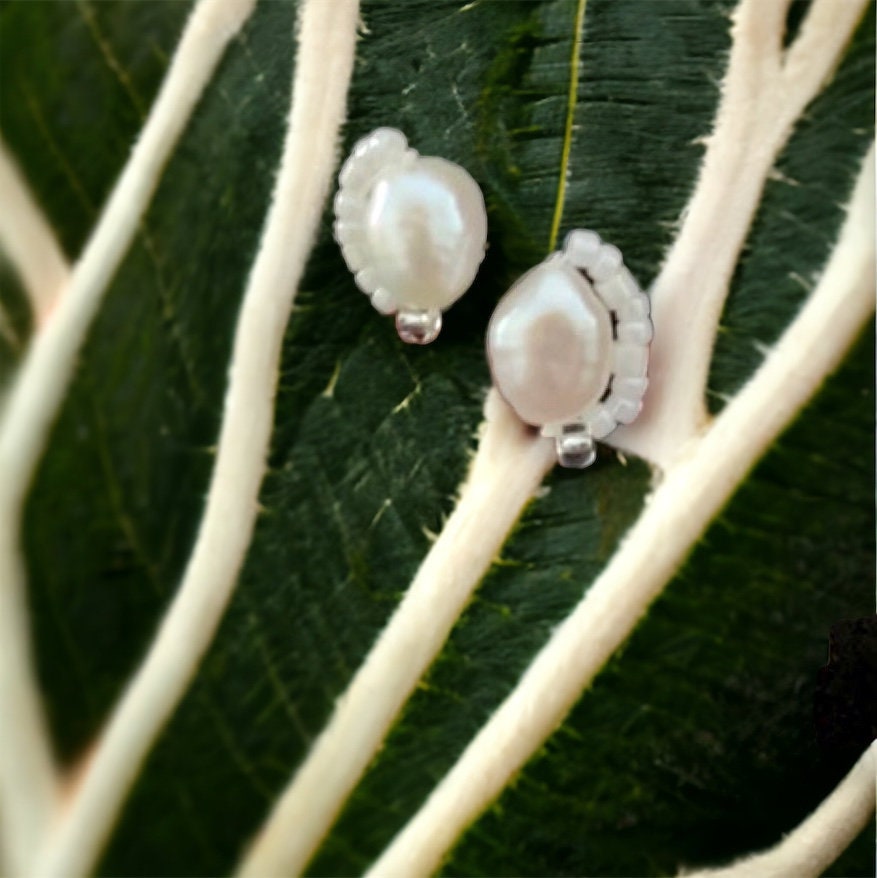 Stunning baroque pearl stud earrings with tiny intricate beadwork - sterling silver ear wires