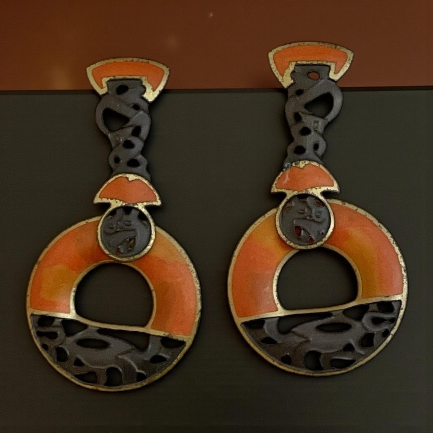 Vintage Berebi Earrings – Bold Art Deco Enamel Dangle Orange Black Statement Jewelry