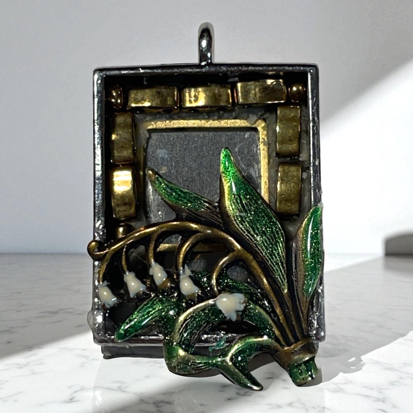 Handmade mosaic necklace - featuring a 1" pendant with Enameled Lily of the Valley and inlaid Bronze Miyuki Beads