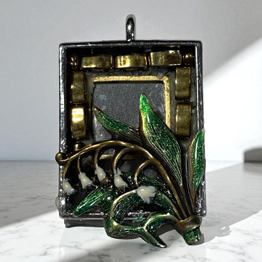 Handmade mosaic necklace - featuring a 1" pendant with Enameled Lily of the Valley and inlaid Bronze Miyuki Beads