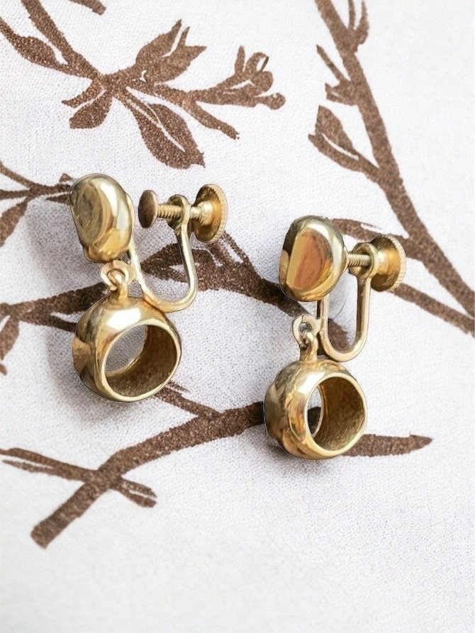 Unique gold hollowed small hoop dangle earrings - screwback clip earrings