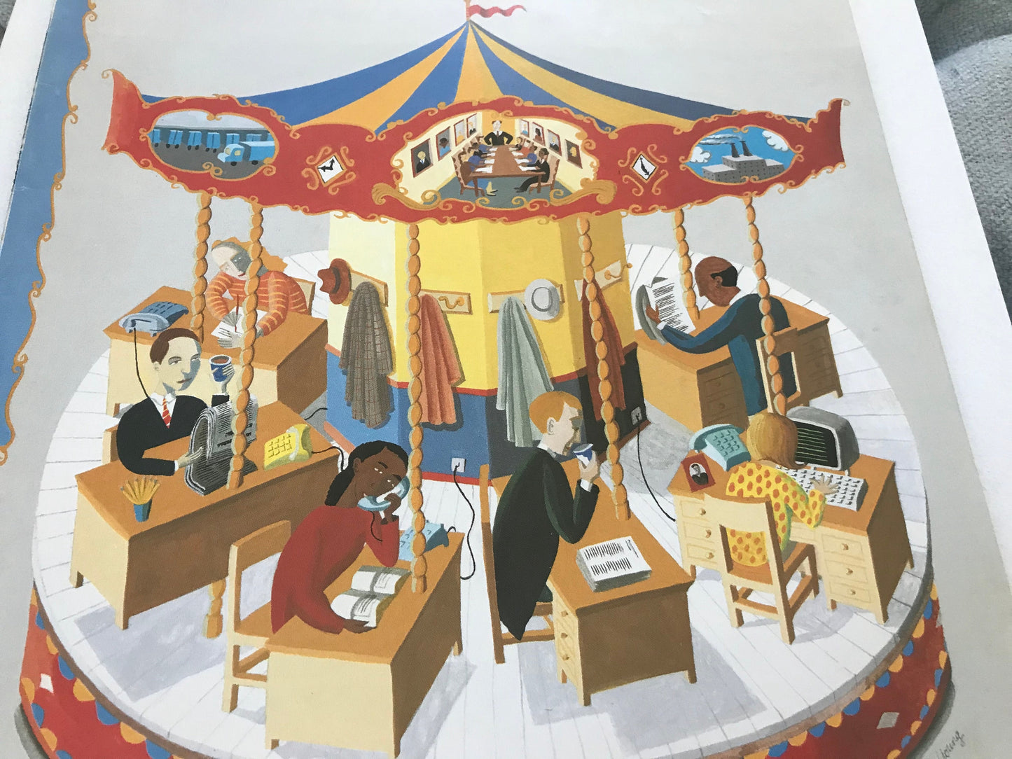 NEW YORKER Magazine cover - April 8, 1991 - funny - office on carousel, merry go round office