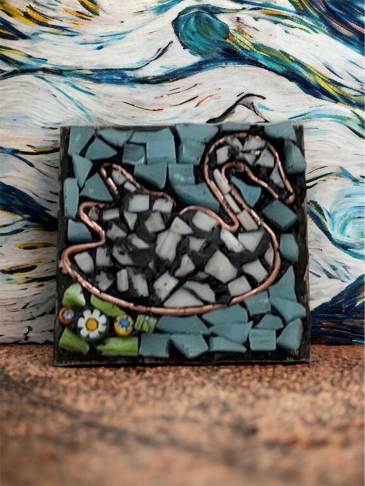Handmade Mosaic Necklace - Swan in Water with Millefiori Glass