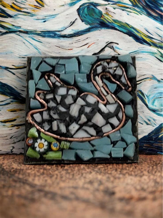 Handmade Mosaic Necklace - Swan in Water with Millefiori Glass