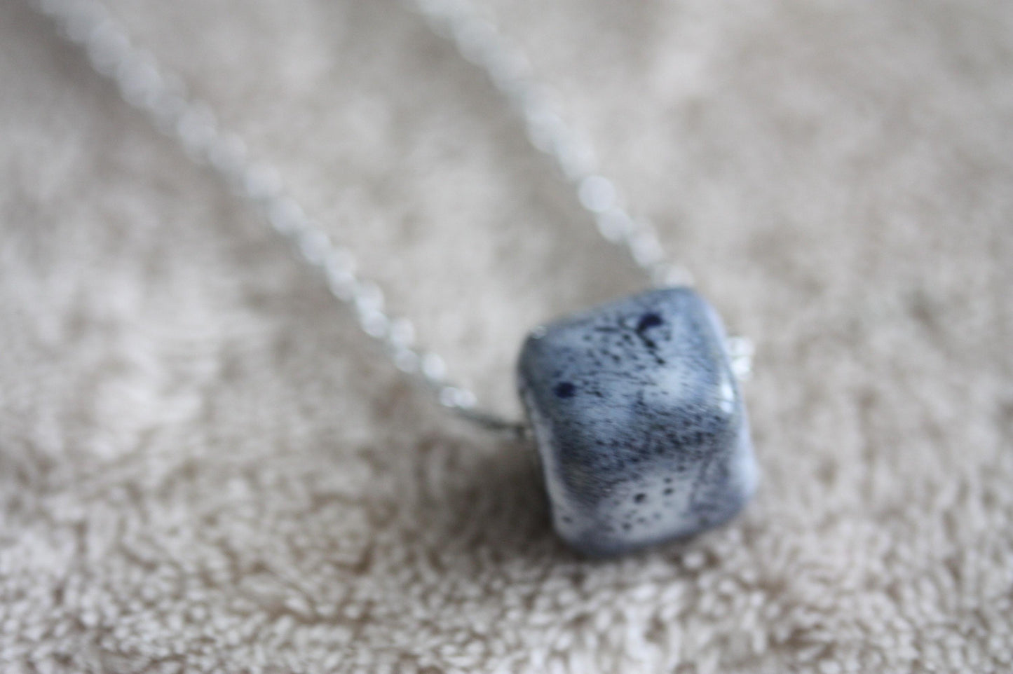 Speckled blue clay pottery cube minimalist necklace on silver tone chain