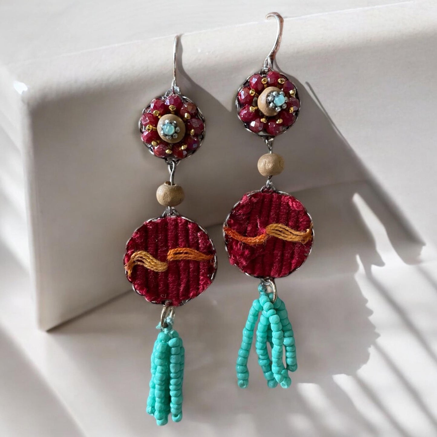 Collage earrings - "Red Sky" - fabric, wood, mixed metals, glass seed beads - sterling silver ear wires