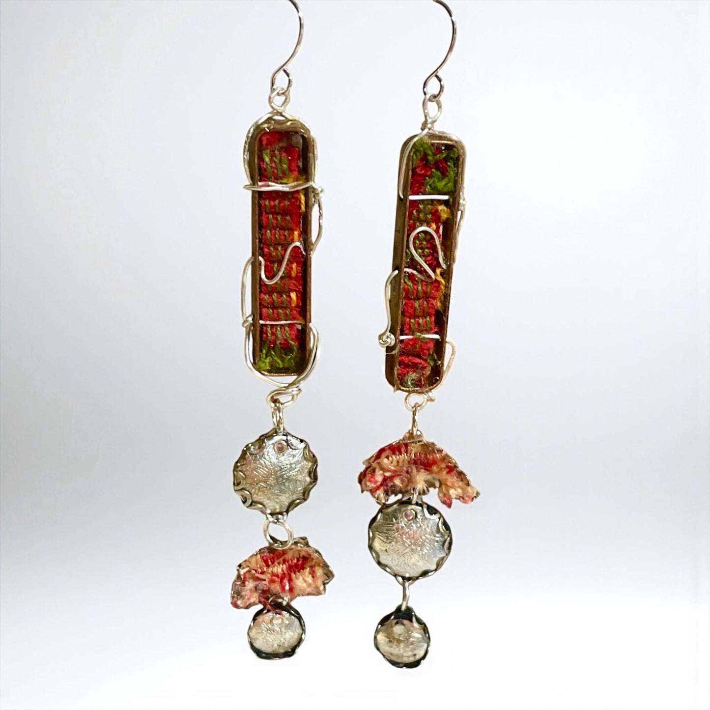 Handmade Textile & Silver Wire Dangle Earrings – Boho Fiber Art Jewelry, Mixed Media Statement Earrings