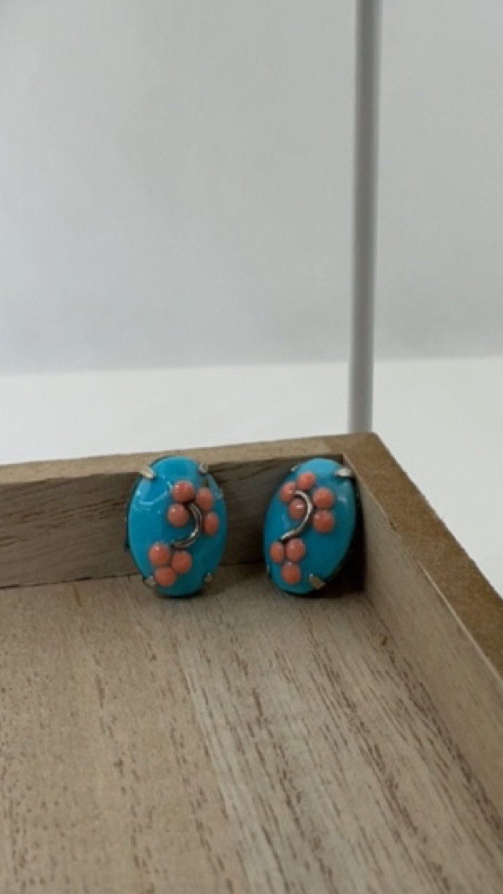 Asian inspired blue and peach floral handmade stud earrings with sterling silver ear wires