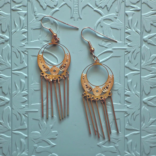 Vintage Gold Tone Fringe Dangle Earrings Boho Statement Earrings Retro Festival Jewelry