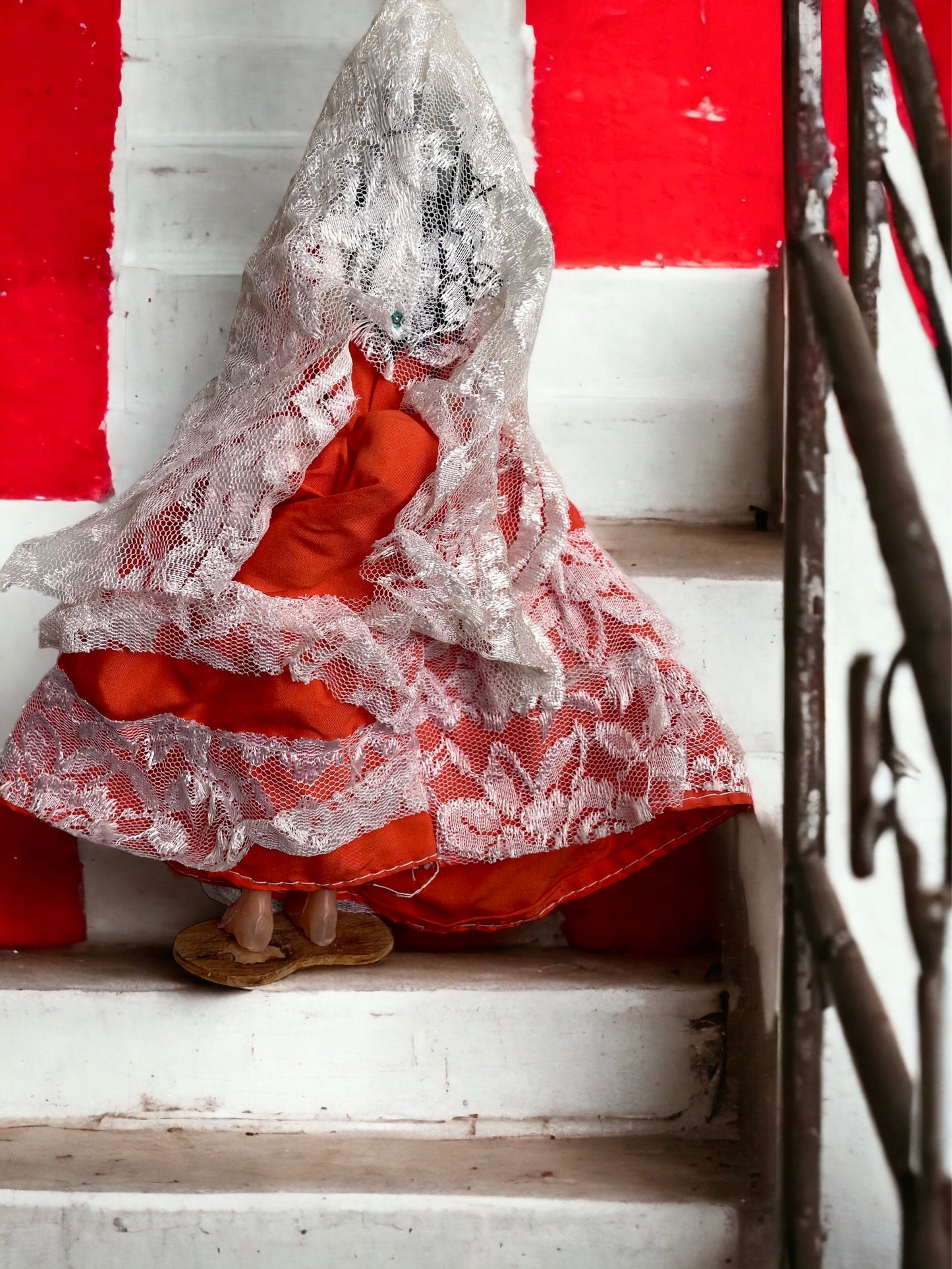 Stunning vintage doll from Mexico - full orange dress, long lace veil, blue fan