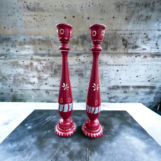 Charming vintage painted wood candlestick holders - folk art style