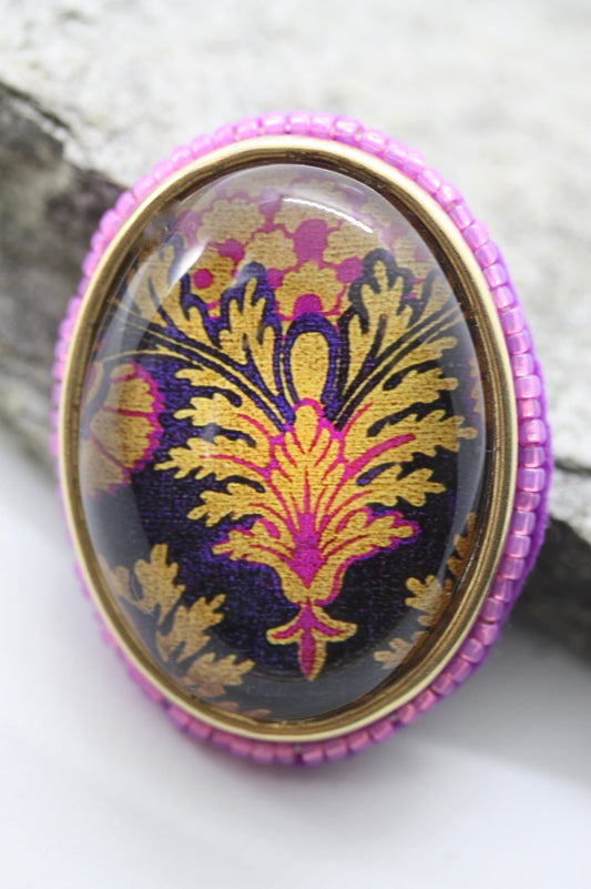 Handmade. beadwork and mixed material pink, purple and goldtone necklace pendant OR pin