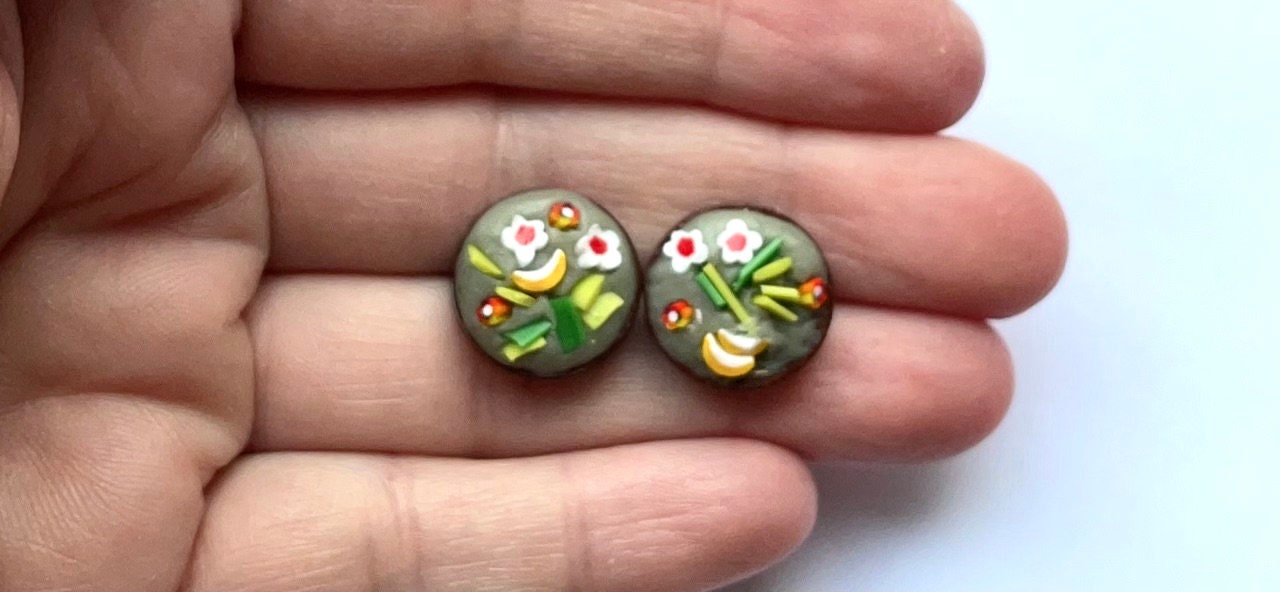 My handmade cut and inlaid glass micro-mosaic stud earrings
