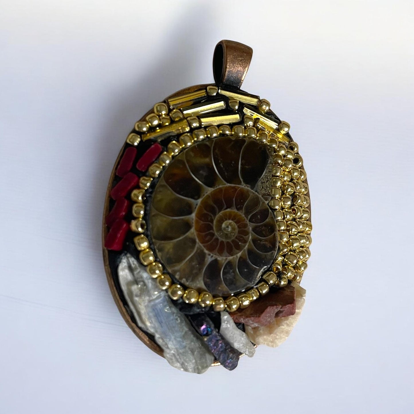 Handmade Ammonite Micro Mosaic Necklace –Unique Fossil Jewelry with Hand-Cut Italian red glass Murrini, gold beads and semi-precious stones