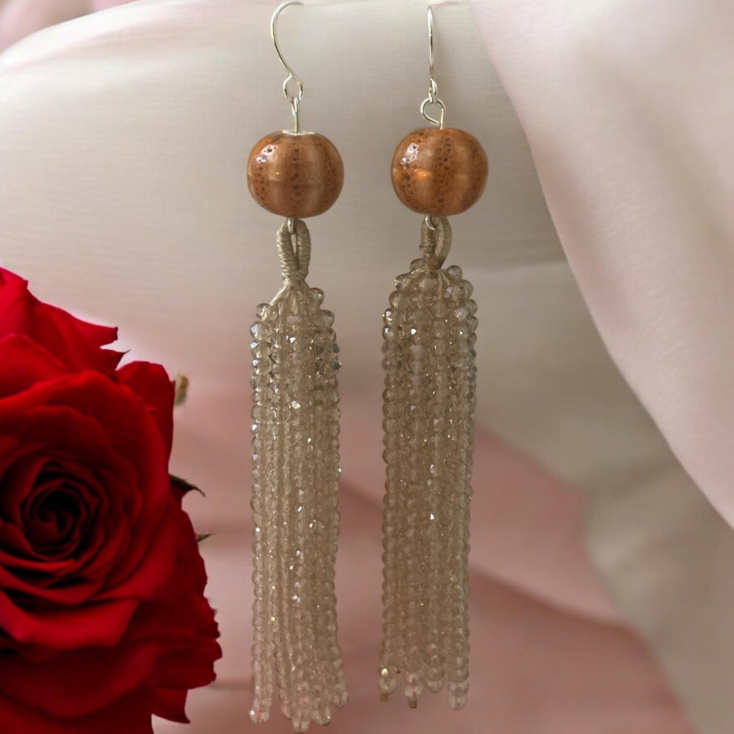 Handmade earrings - Beaded crystal beaded dangle earrings with orange speckled porcelain top