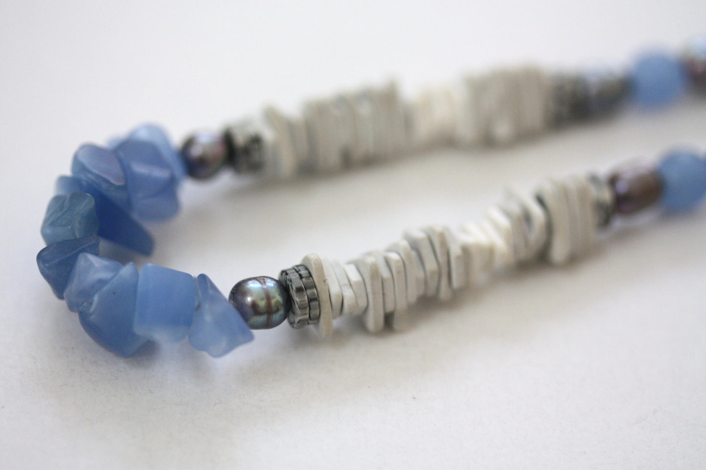 Unique vintage necklace with white shell heishi beads with blue semi precious stone chips