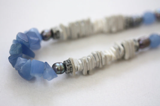 Unique vintage necklace with white shell heishi beads with blue semi precious stone chips