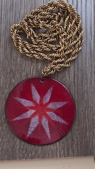 Unique mid century modern vintage enamel on copper necklace - red