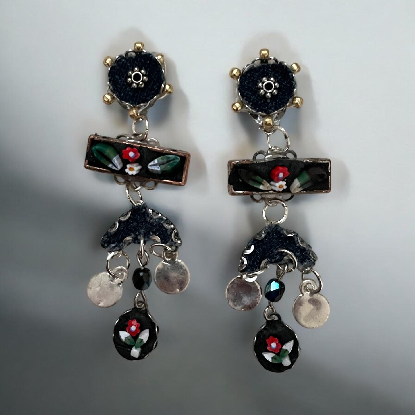 Handmade Italian and folk art inspired hand cut micro mosaic glass millefiori, denim and beadwork dangle earrings. Sterling silver ear wires