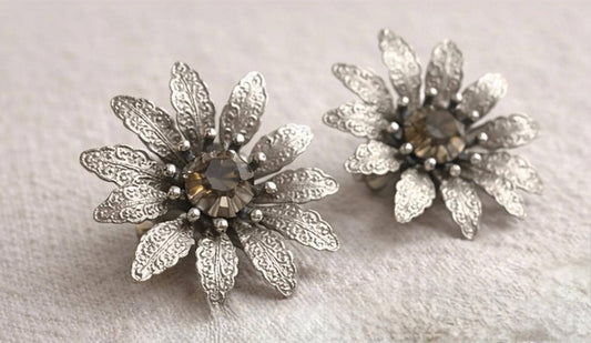 Vintage Judy Lee Rhinestone Flower Clip Earrings Silver Tone Floral Statement Mid Century Designer Signed Retro 1950s 1960s Jewelry
