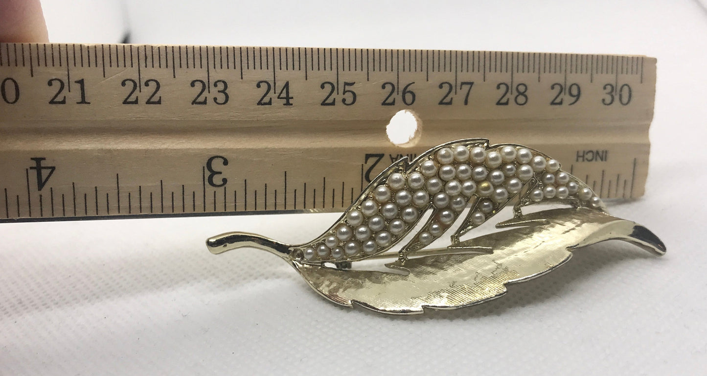 Vintage leaf pin studded with faux pearls