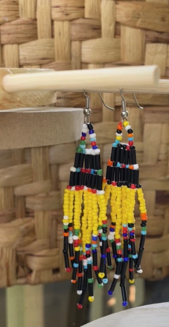 Handmade vintage beadwork dangle earrings - yellow, black and rainbow