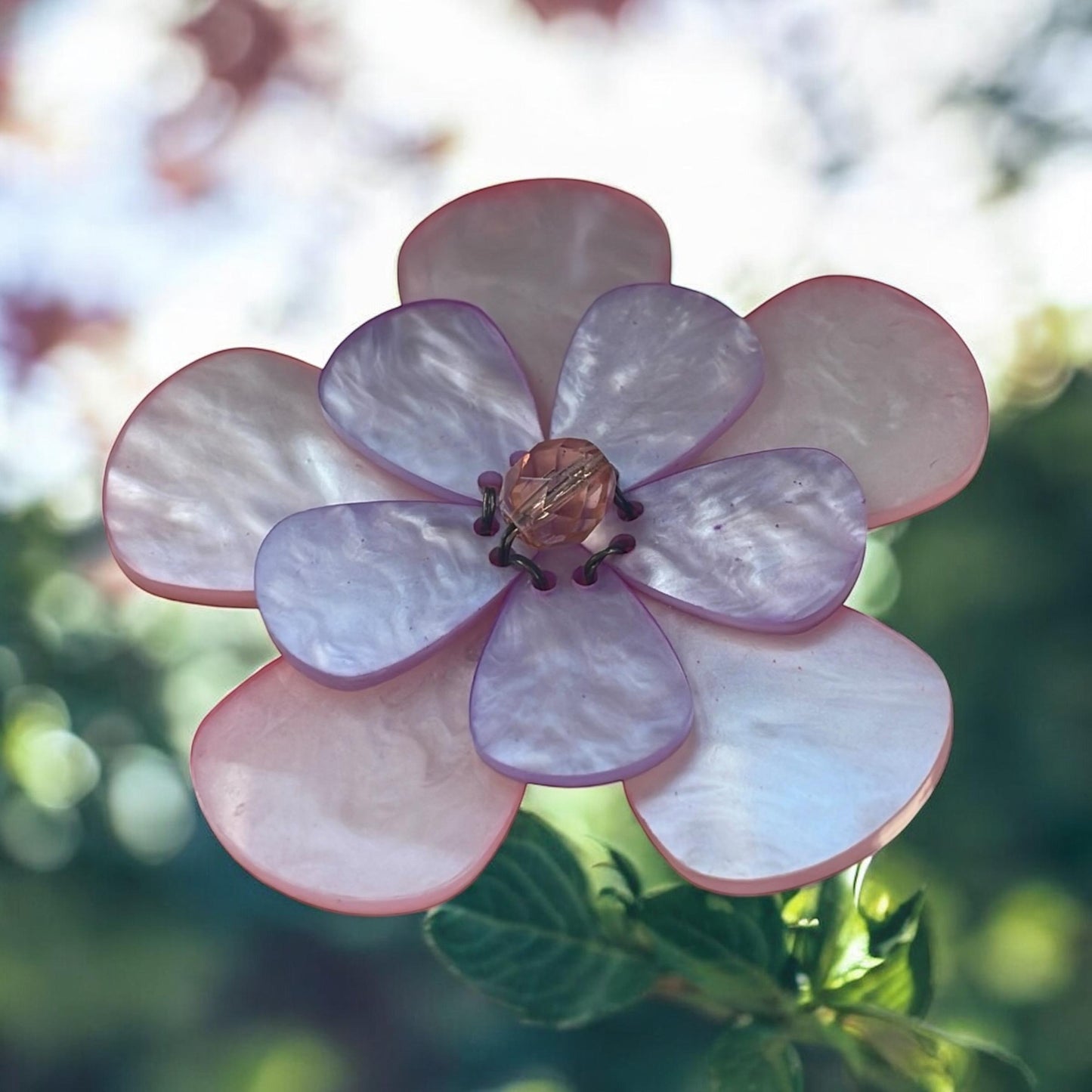 1970s Simulated Mother of Pearl pale pink and lavender Flower Brooch – Dual Petal Layers – Crystal Bead Center – Vintage Floral Pin