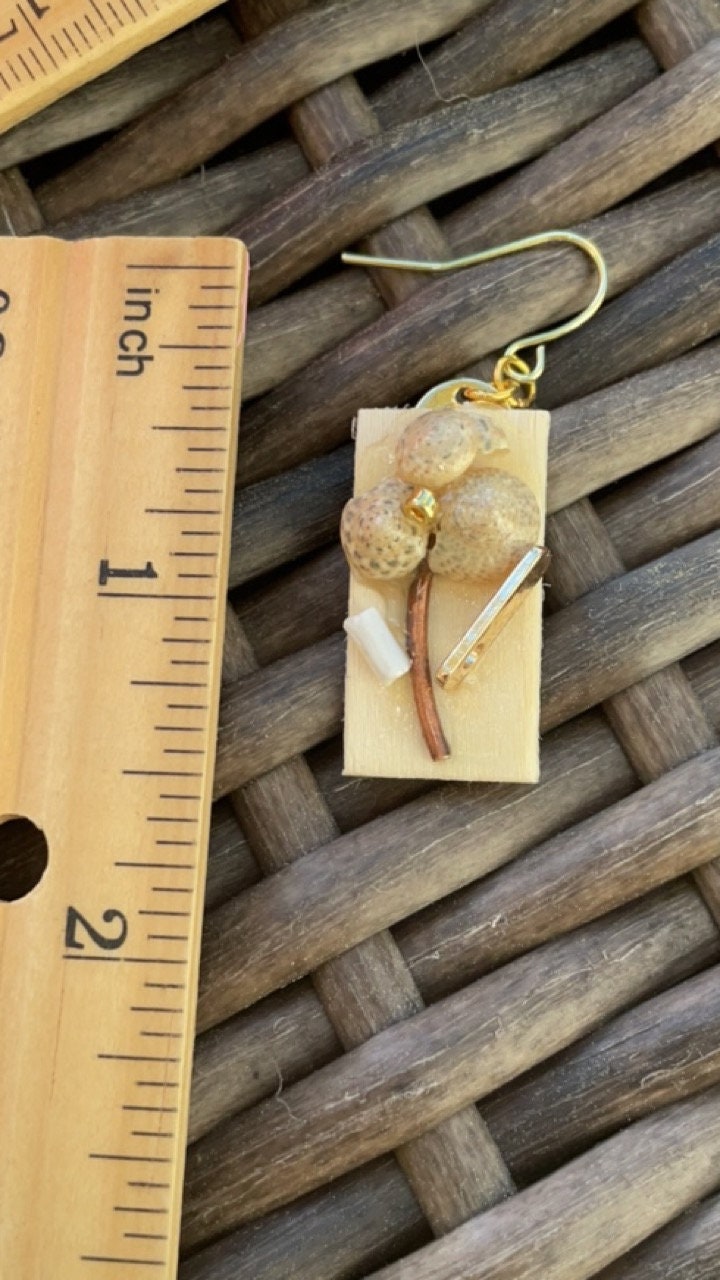Mixed material collage handmade dangle earrings - wood, metal, shell and more