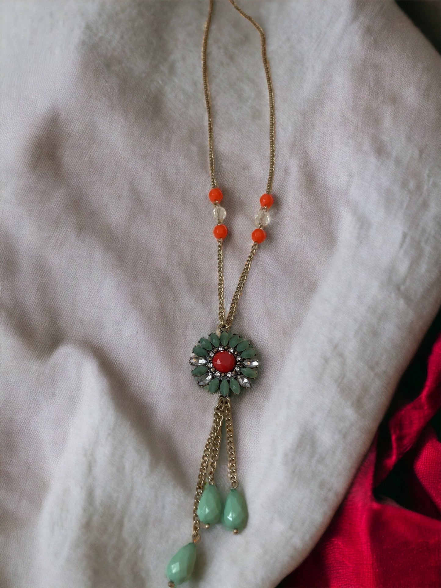 Pretty vintage necklace - turquoise and orange mandela style focal with dangles