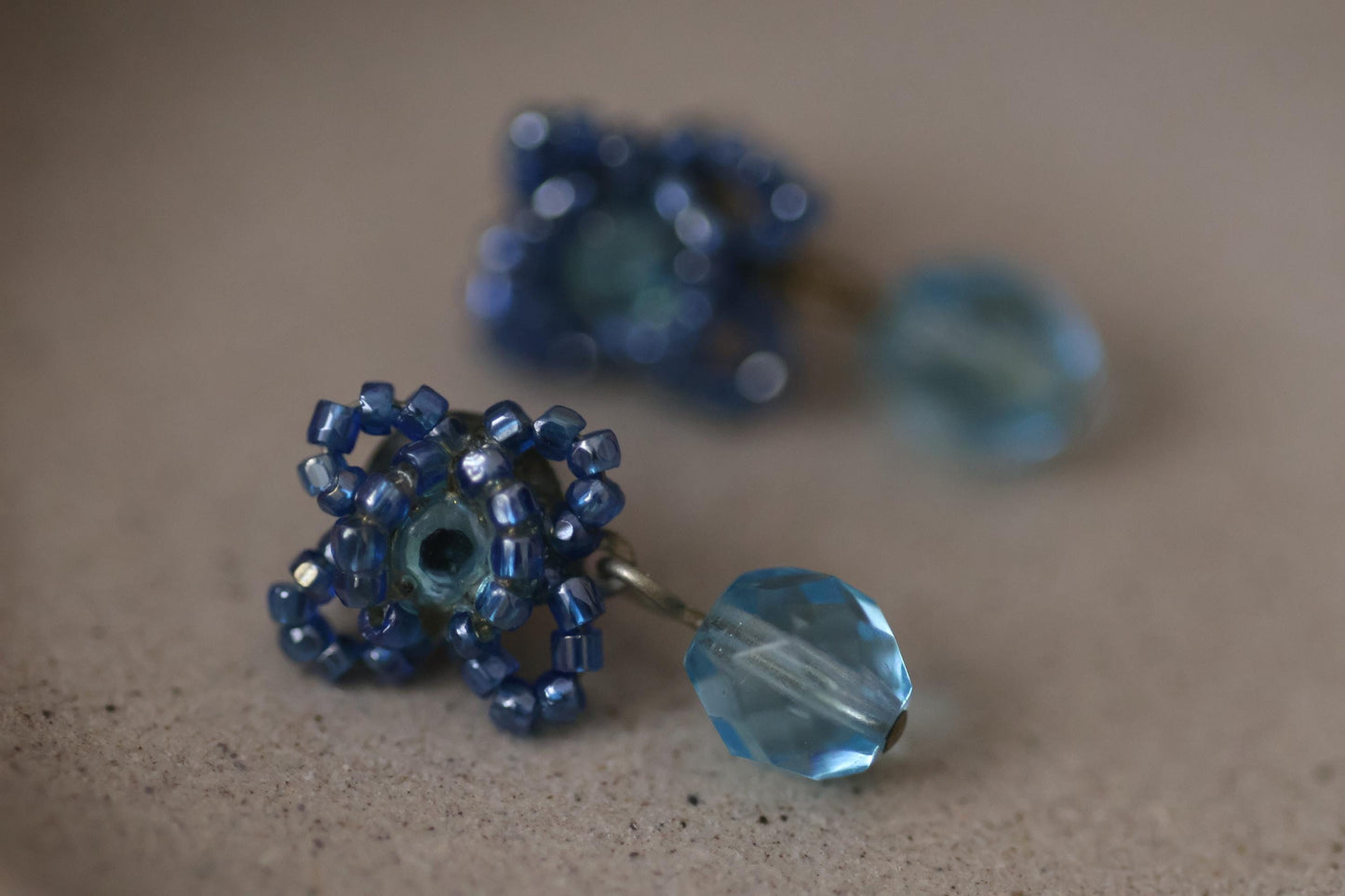 Blue Beaded Earrings with Light Blue Crystal Dangles, Vintage Dangle Earrings, Boho Drop Earrings Gift for Her